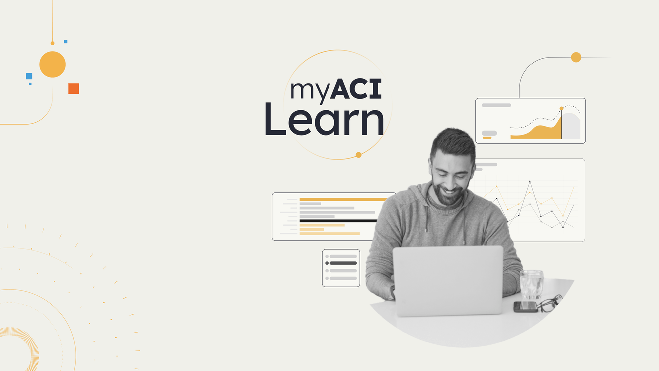 Graphic of a man working on a laptop with illustrations of charts and graphs next to him, alongside the "myACI Learn" logo