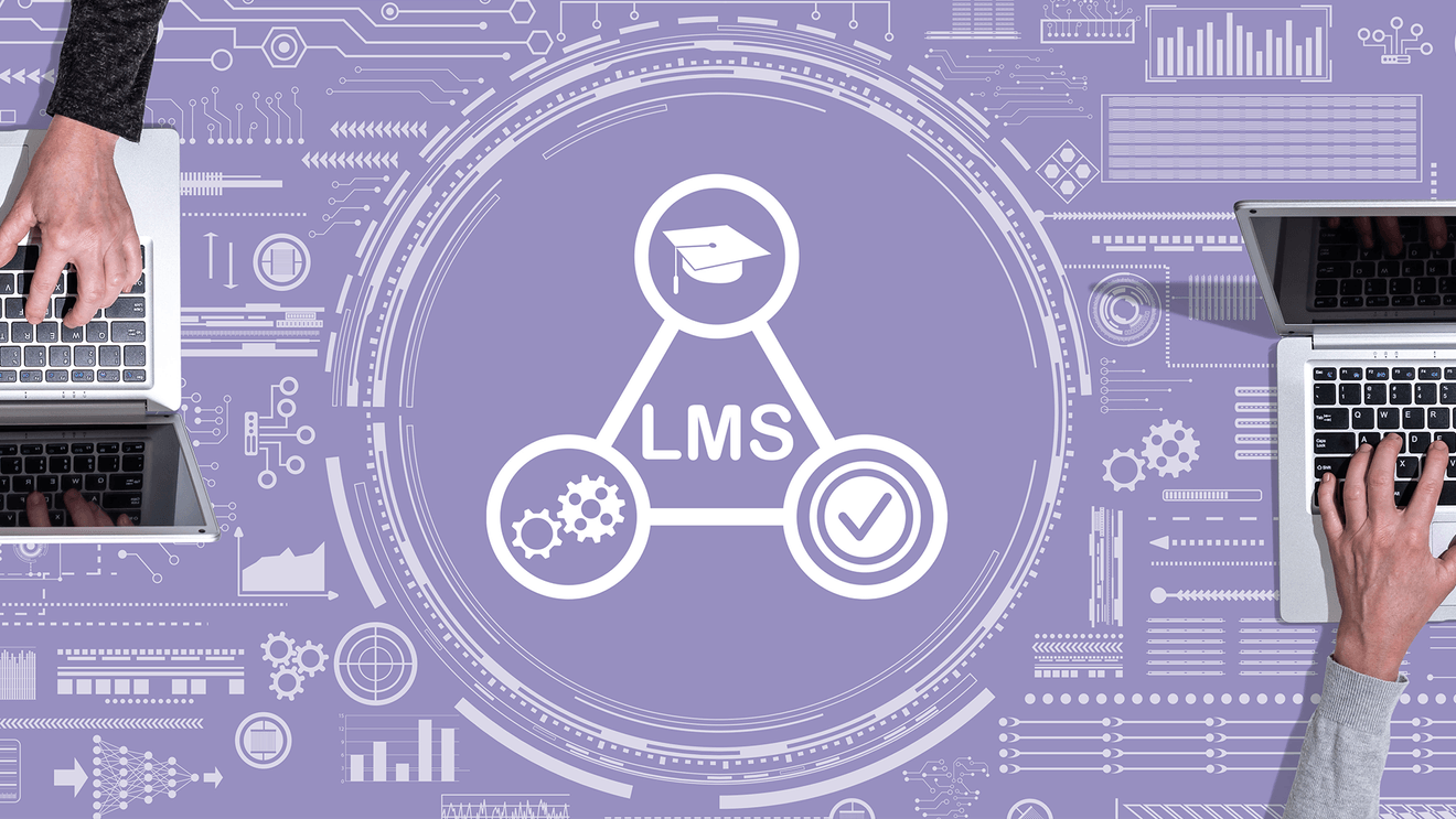 LMS letters in purple triangle with laptops and hands on either side